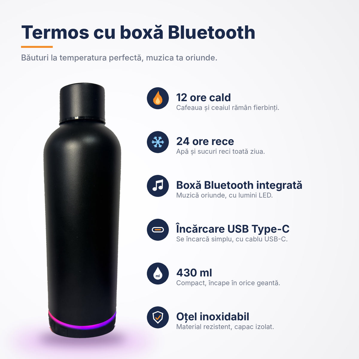 Termos cu boxă Bluetooth integrată, 430 ml – oțel inoxidabil, lumini LED