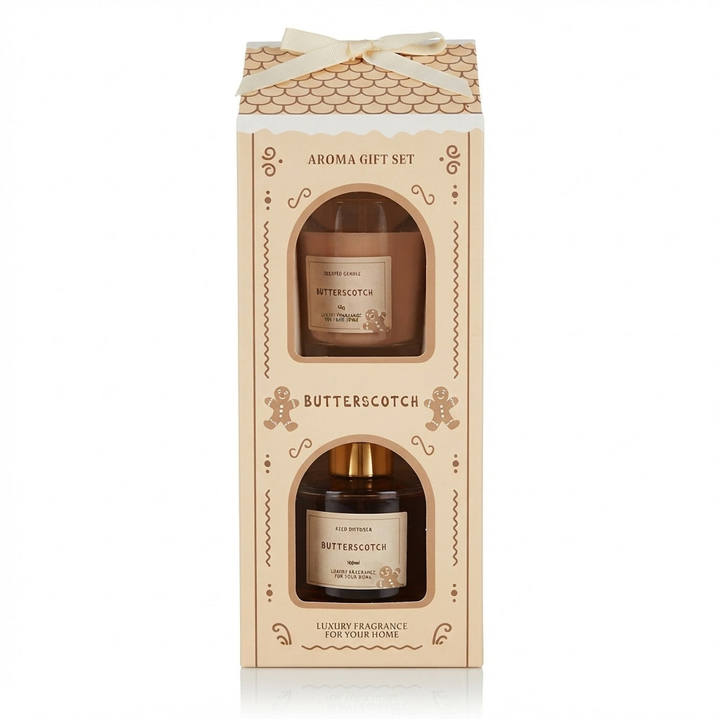 Set cadou aromaterapie Butterscotch – difuzor parfum cu bețișoare 100 ml + lumânare parfumată 65 g, cutie căsuță de turtă dulce