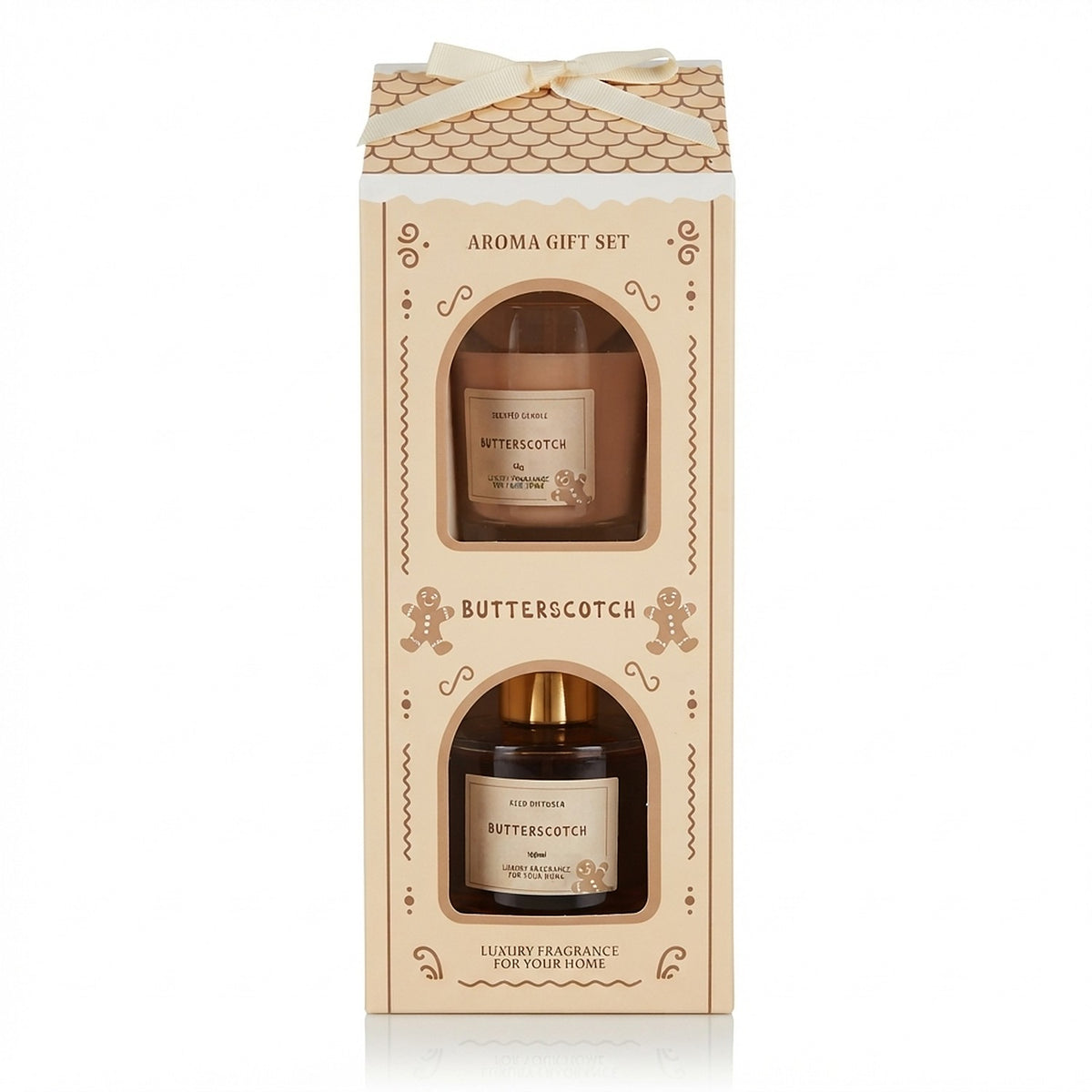 Set cadou aromaterapie Butterscotch – difuzor parfum cu bețișoare 100 ml + lumânare parfumată 65 g, cutie căsuță de turtă dulce