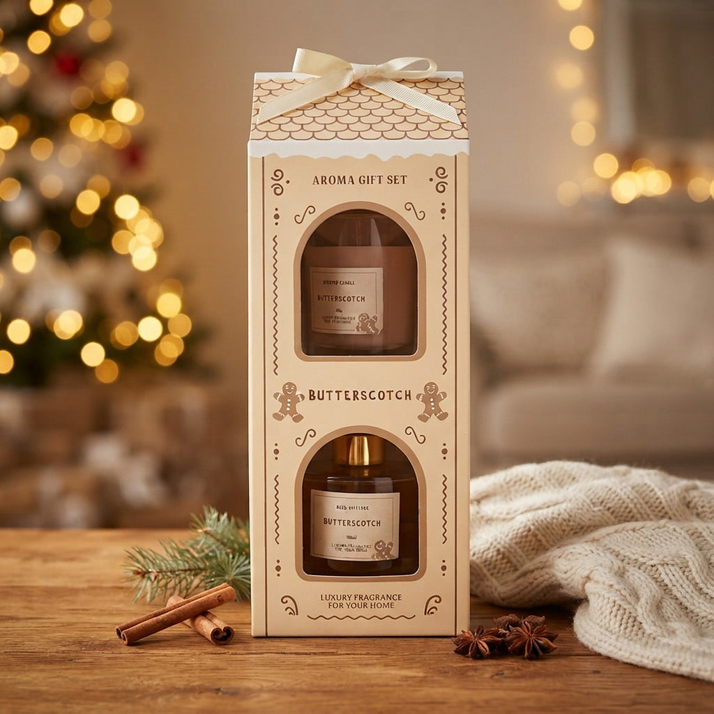 Set cadou aromaterapie Butterscotch – difuzor parfum cu bețișoare 100 ml + lumânare parfumată 65 g, cutie căsuță de turtă dulce