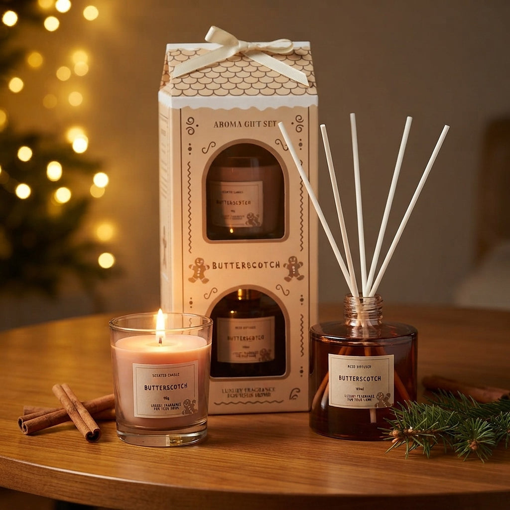 Set cadou aromaterapie Butterscotch – difuzor parfum cu bețișoare 100 ml + lumânare parfumată 65 g, cutie căsuță de turtă dulce