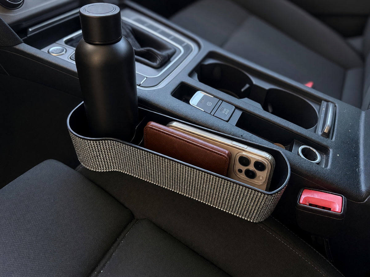 Organizator auto cu strasuri pentru spațiul dintre scaun și consolă – 4 compartimente
