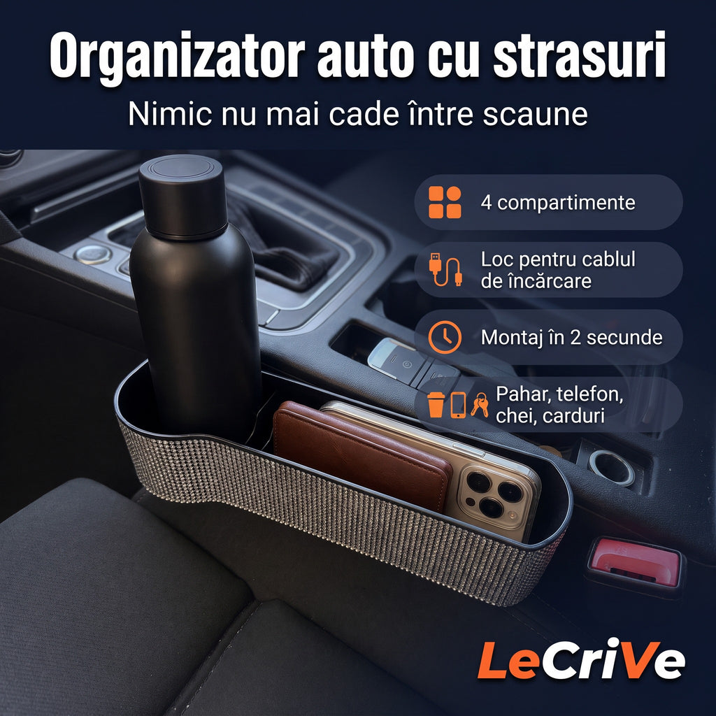 Organizator auto cu strasuri pentru spațiul dintre scaun și consolă – 4 compartimente
