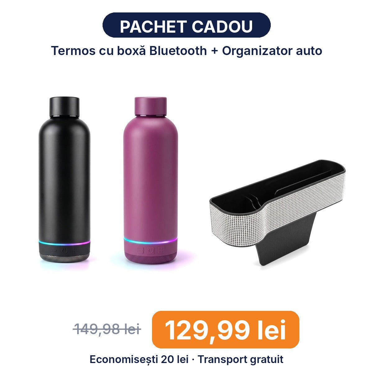 Pachet Cadou: Termos cu boxă Bluetooth + Organizator auto cu strasuri